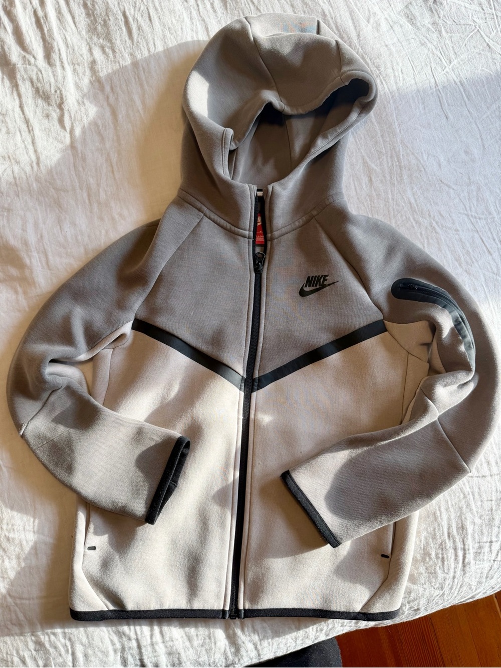 Nike Tech Kids Grey and Cream Hooded Zip-Up Jacket with Black Trim